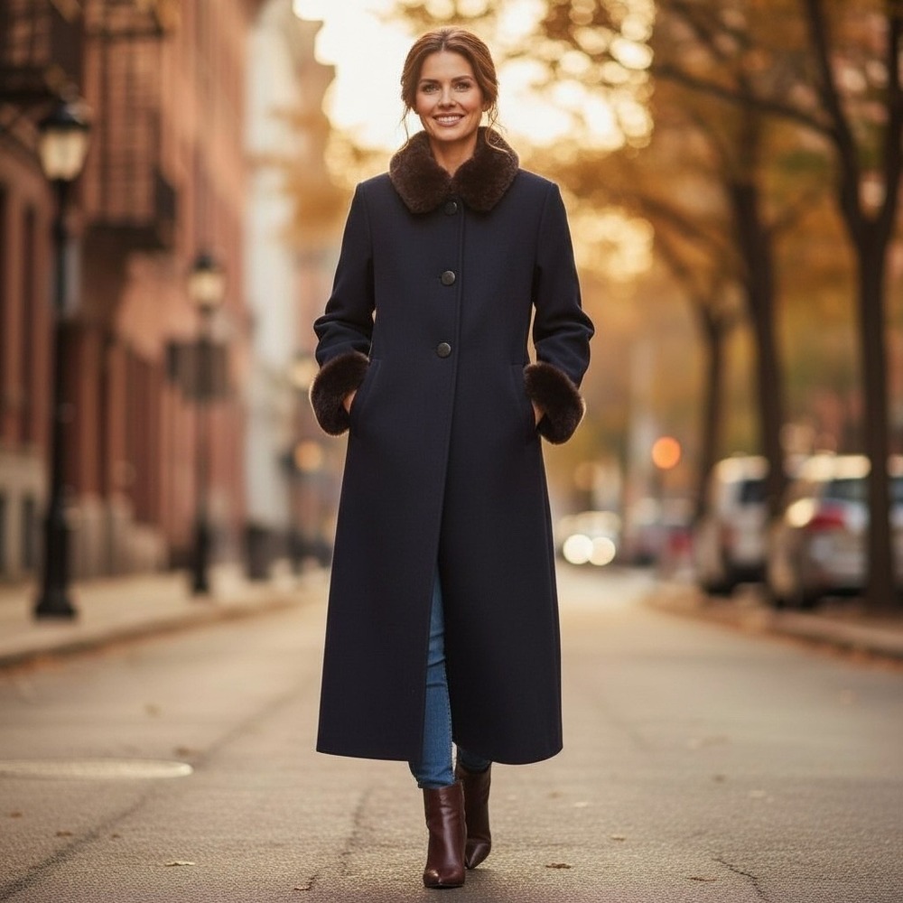 Albert Nipon Navy Wool Coat Fur‎ Trim Collar & Cuffs Full Length Vintage 6